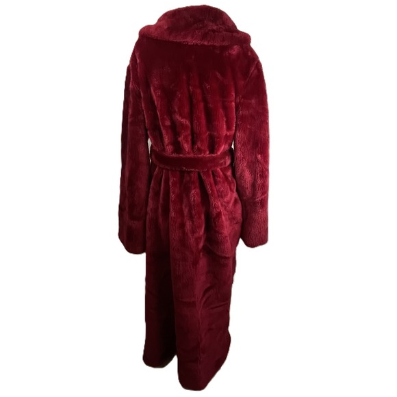 VTG Borg Fabric M Burgundy Faux Fur Robe Made in USA Plush Belted Long Lounge - Picture 2 of 14